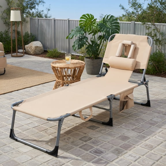 Foldable Tanning Chair with Face & Arm Holes – Lightweight Portable Beach Chair for Pool, Patio, and Outdoor Use – Beige