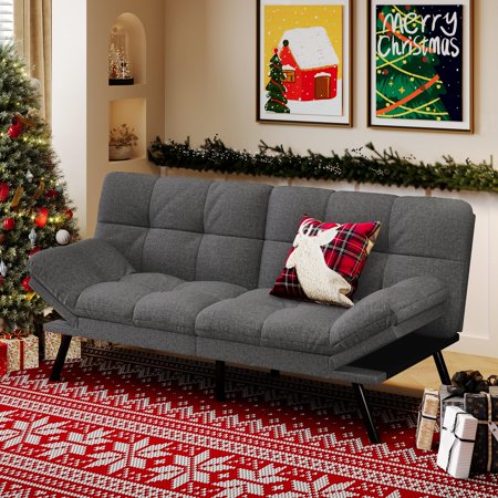 Convertible Futon Sofa Bed,71" Memory Foam Futon Couch,Detachable Cushion,Adjustable Backrest & Armrest,Linen Modern Loveseat Sleeper Recliner for Living Room,Office,Apartment,Medium Grey