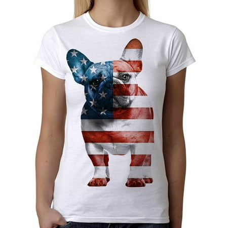 - American Flag French Bulldog Tee B747 Junior's White T-Shirt Small
