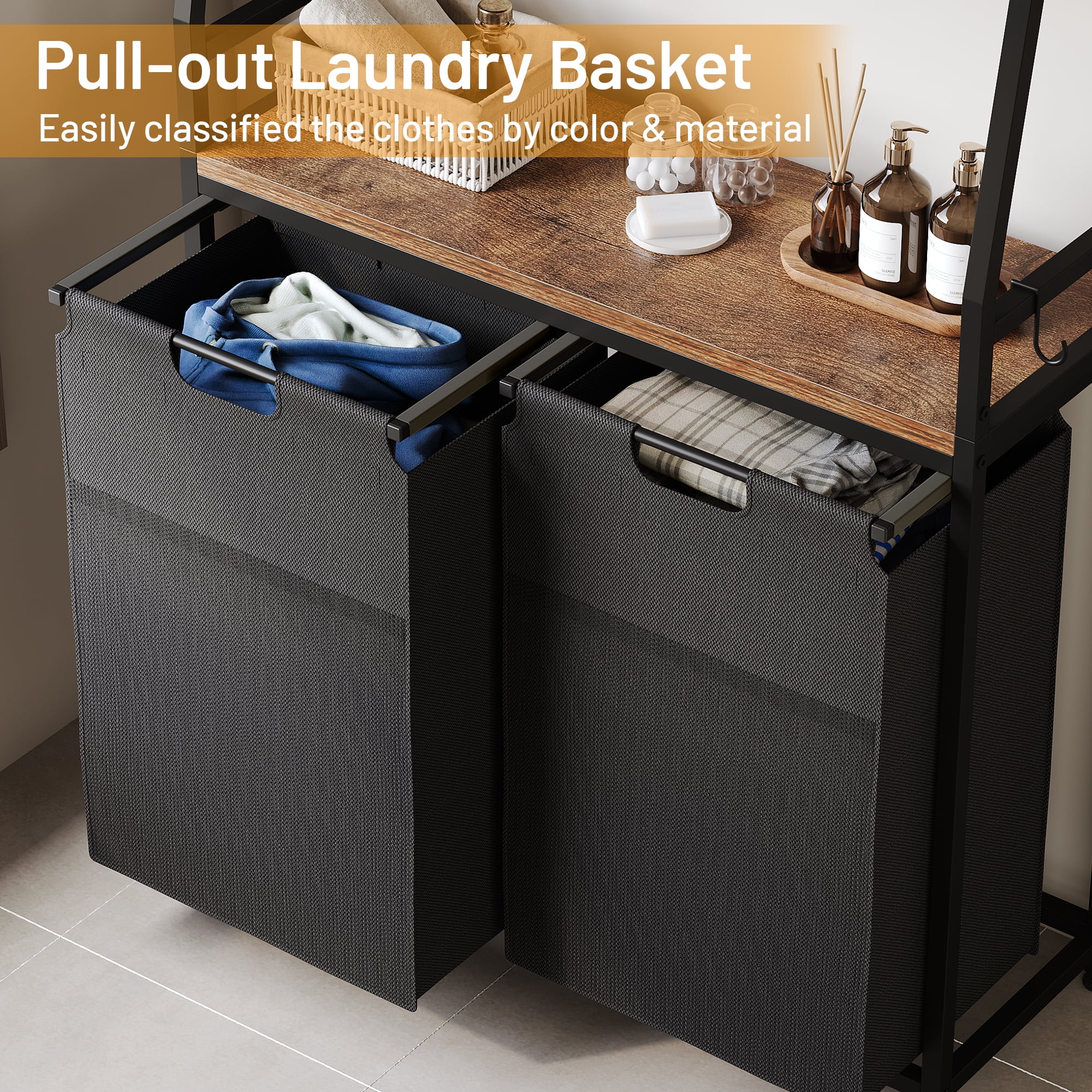 Laintene 2-Section Laundry Hamper – 170L Freestanding Laundry Sorter with 3 Shelves, 4 Hooks & Removable Washable Bags – Space-Saving Laundry Organizer for Bathroom, Dorm, or Bedroom
