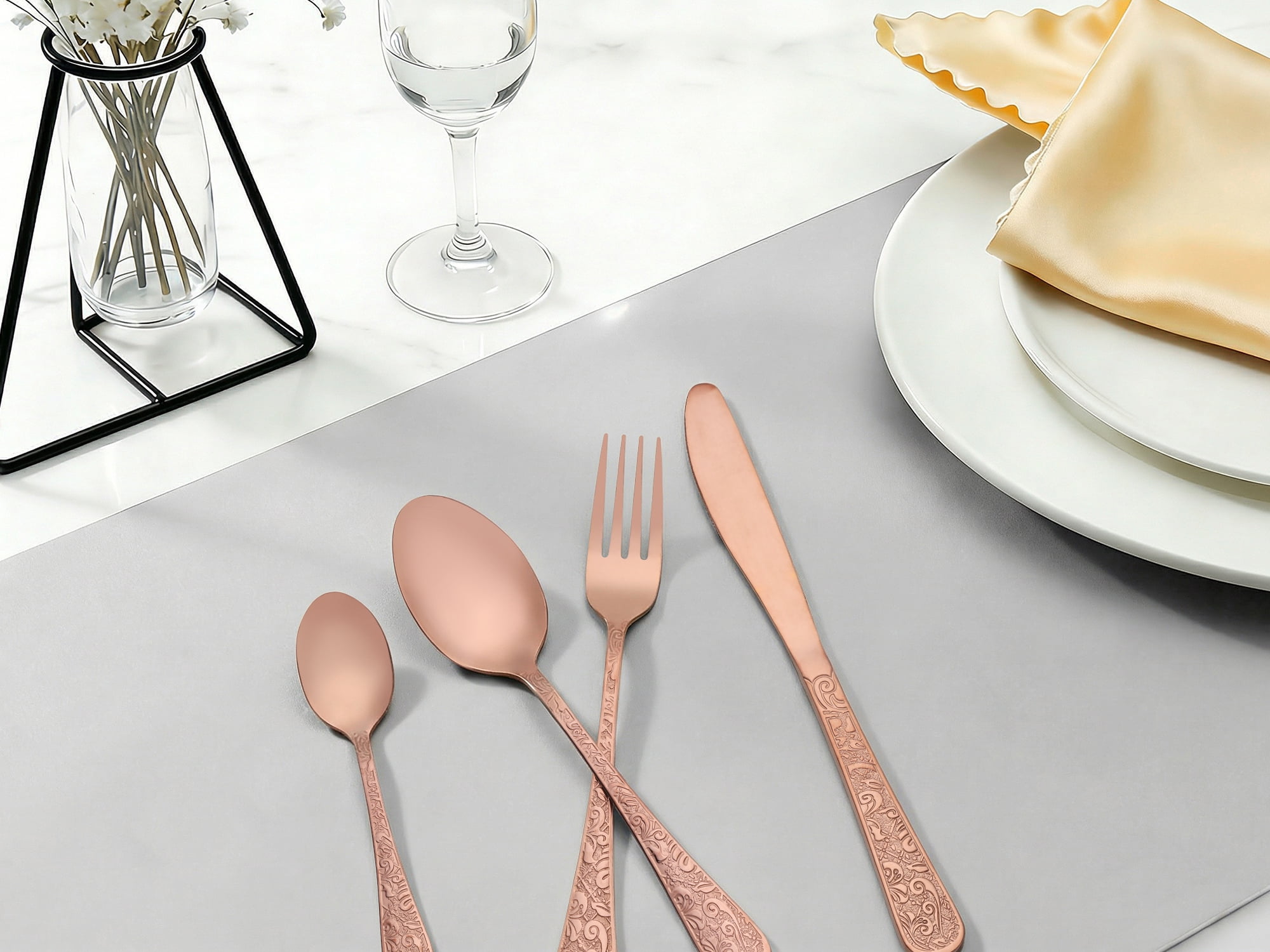 Unique Bargains 4 Piece Stainless Steel Floral Flatware Set Rose Gold 4