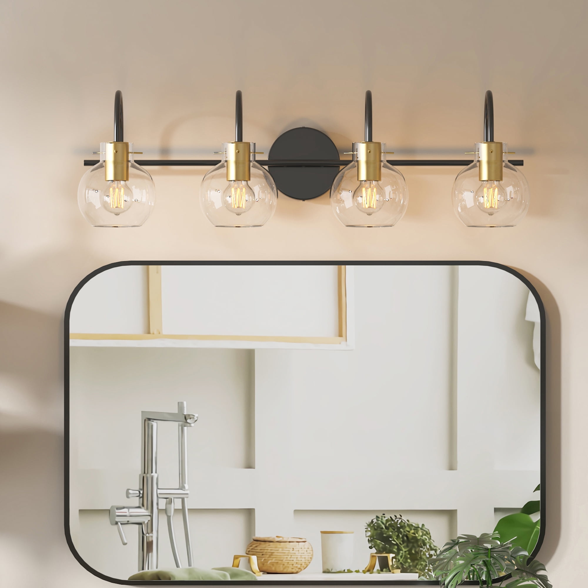 Hironpal 4-Light Bathroom Vanity Light, Bathroom Light Fixtures with Clear Glass Shade over Mirror Cabinet,Brushed Black