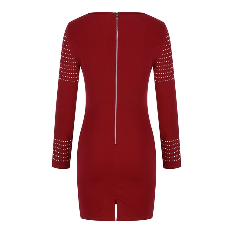 Safuny Women's Knee Length Pencil Dress Solid Diamond Holiday Elegant Leisure Zipper Long Sleeve Retro Fashion Winter Scoop Neck Autumn Dress Wine S,