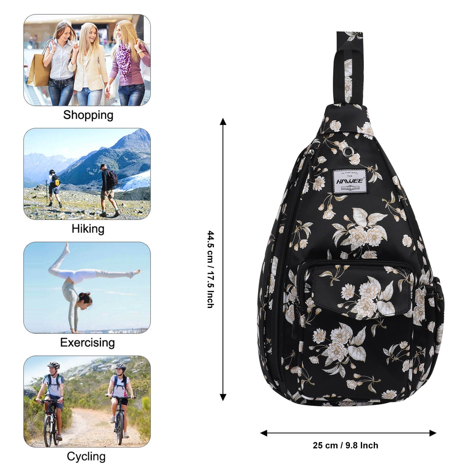 HAWEE Rope Sling Bag for Women and Men Casual Cross Body Backpack Adjustable Anti-slip Strap/ Bottle Pocket/ Earphone Hole for Travel Hiking Sports, Beige Flower