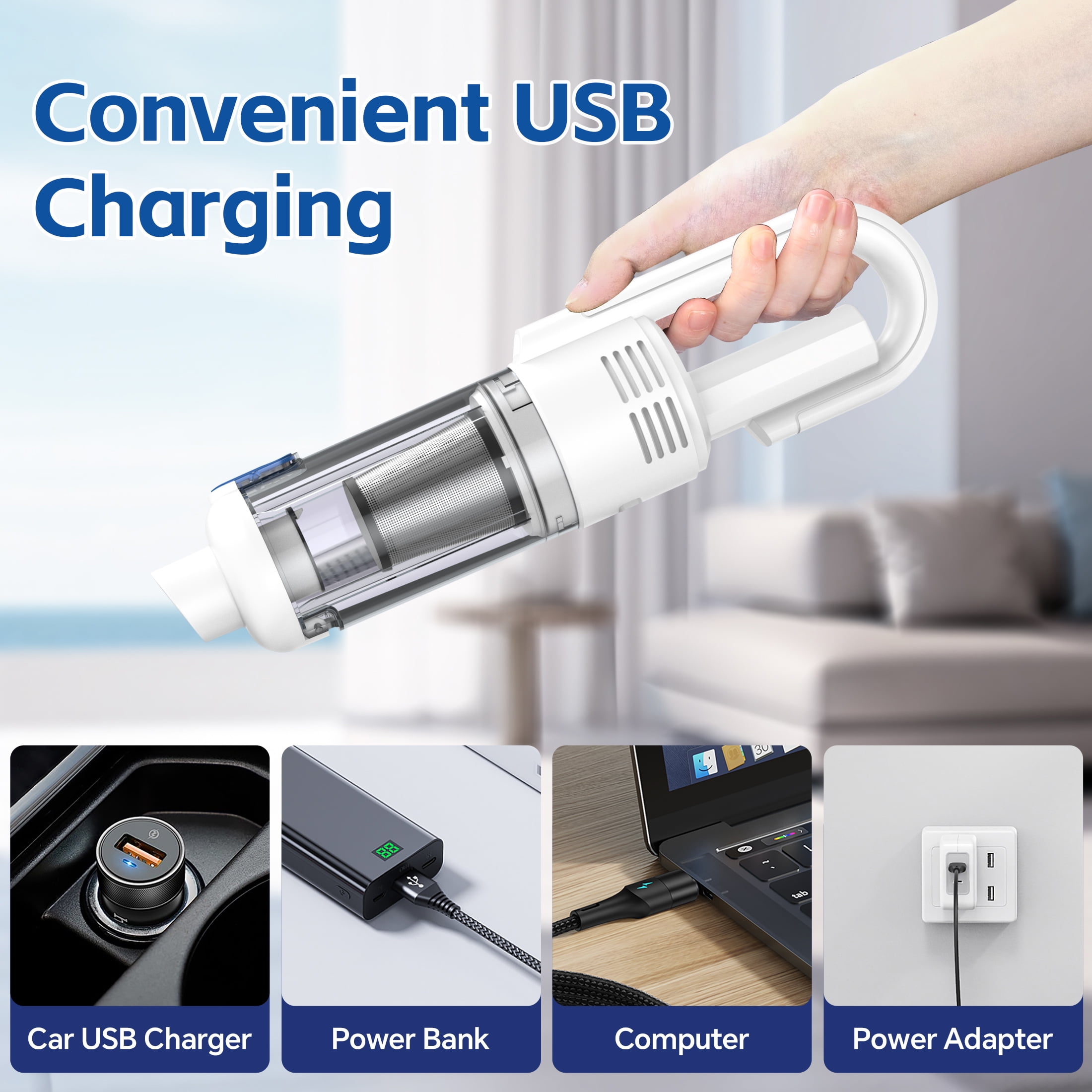 SIMWAL Handheld Vacuum, Car Vacuum Cleaners Cordless 9500PA Powerful Suction, Portable Hand Held Vacuum with LED Display Multiple Accessories for Car,Office and Living Room Cleaning White