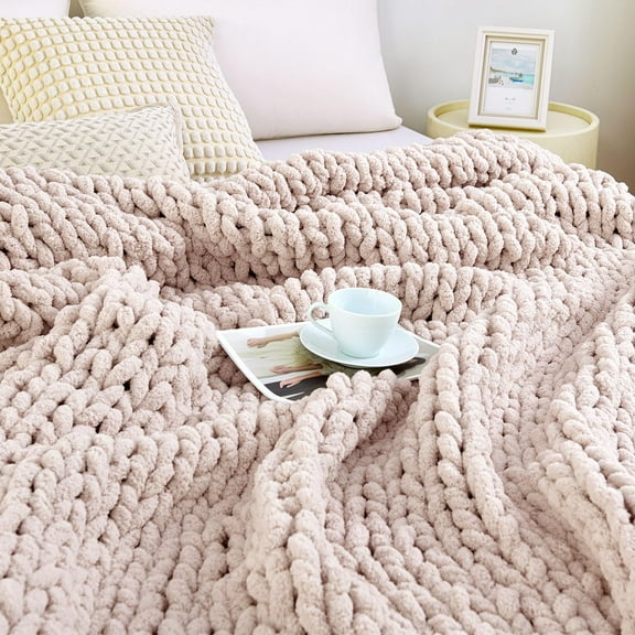 Chunky Knit Blanket Throw, 100% Hand Knit Chenille Throw Blanket for Sofa & Home Decor, Soft and Cozy Knitted Throw Blankets (Pink,51"x63")