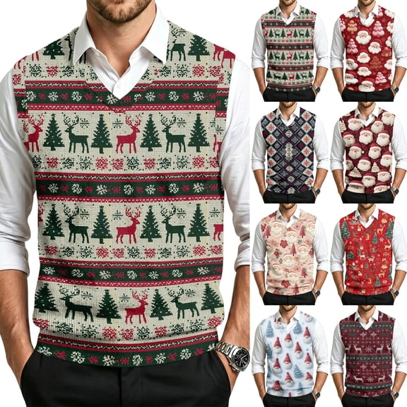 Mens Christmas Sweater Vests Casual Sleeveless V Neck Knit Pullover Fall