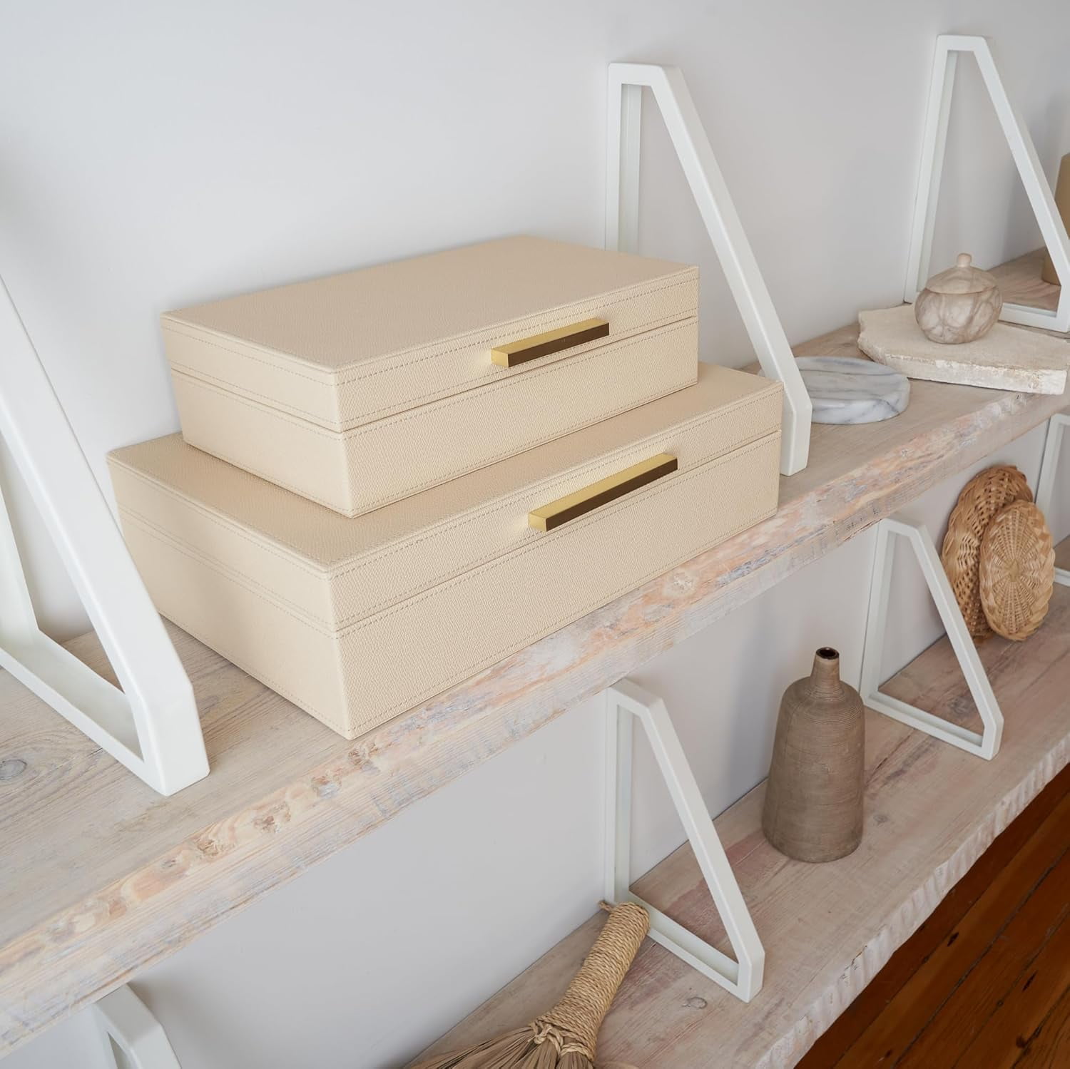 Decorative storage boxes with lids – a two-piece set of elegant PU leather organizer boxes perfect for bookshelf home décor – securely and stylishly store photos, documents, and keepsakes.