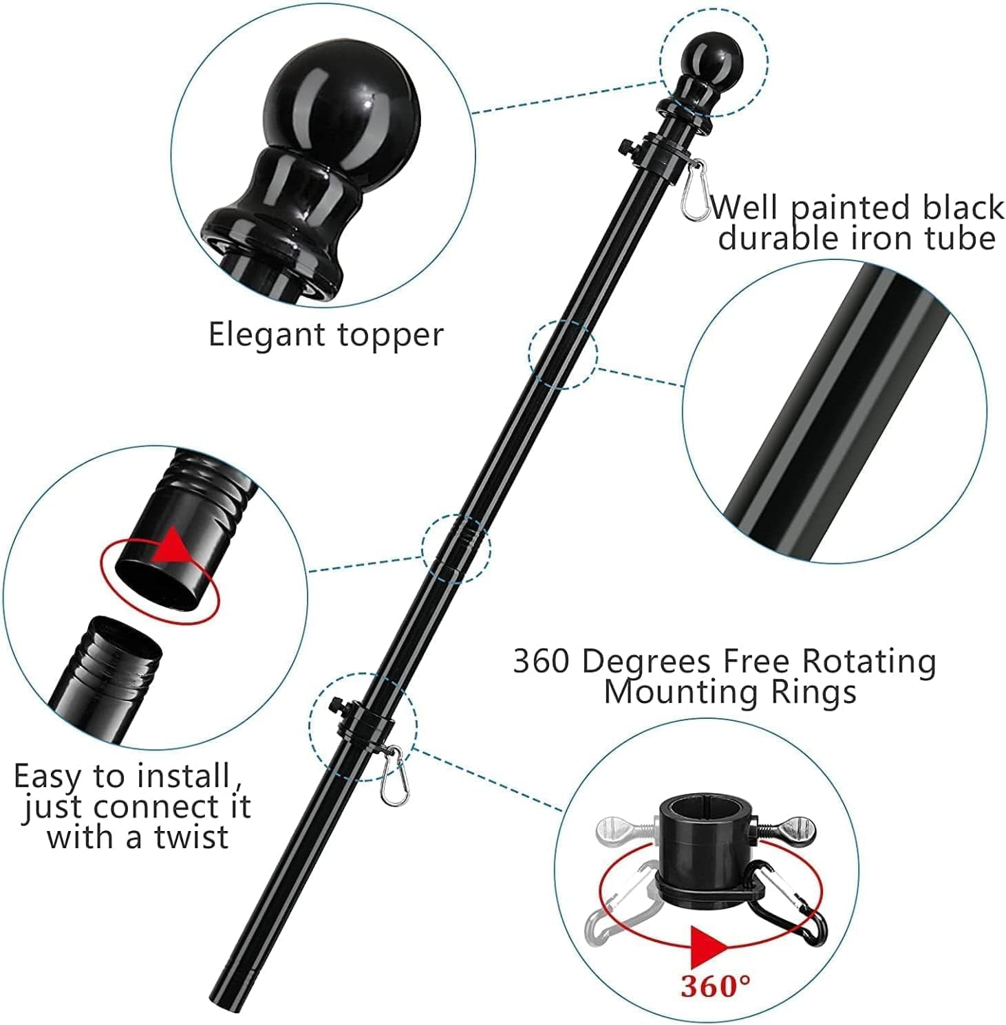 DEROFIT American Flag Pole Kit with 3x5 Embroidered US Flag, includes 6ft Heavy Duty Flagpole, Aluminum Bracket,for Outside House,Black