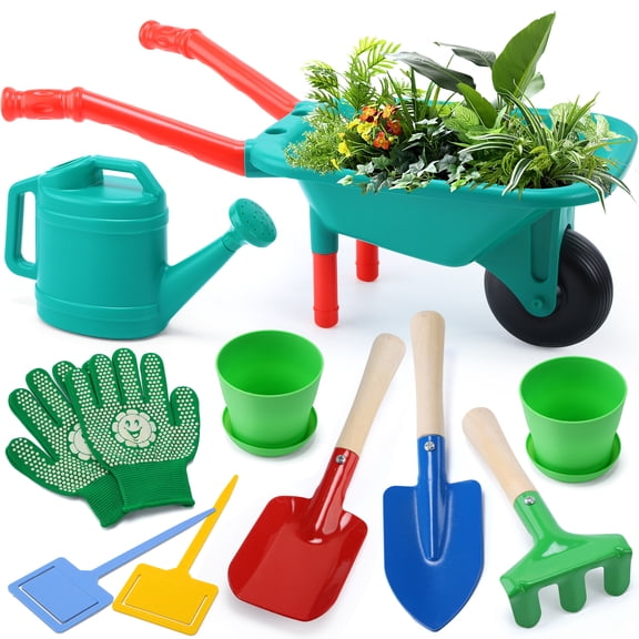 CUTE STONE Kids Gardening Tool Set with Wheelbarrow, Watering Can & Metal Garden Tools, Outdoor Pretend Play Garden Toy for Boys & Girls
