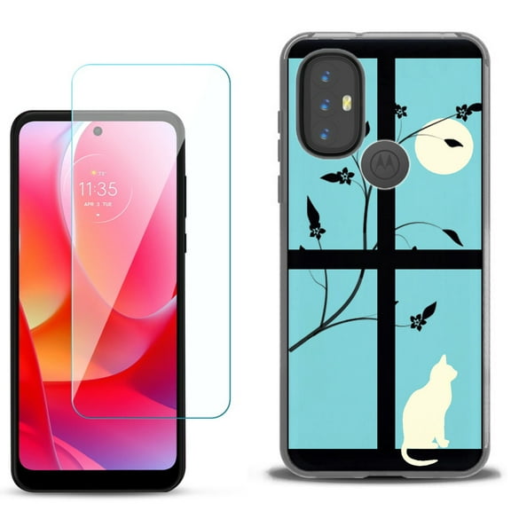 Slim-Fit Gel TPU Phone Case for Motorola Moto G Power 2022, with Tempered Glass Screen Protector, by OneToughShield ® - Moon/Cat