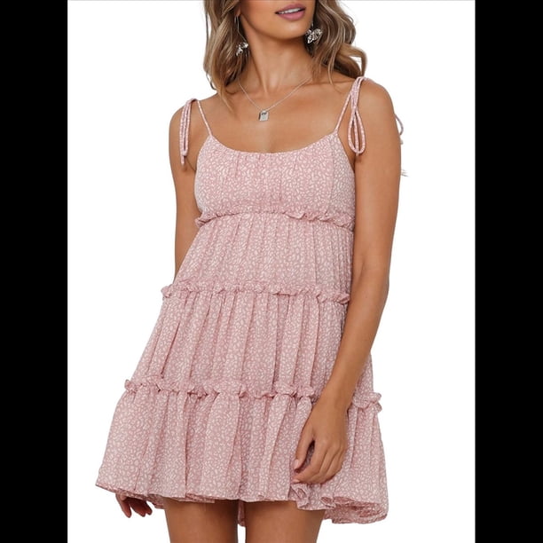 Vestido Bohemio Floral de Verano 2025 para Mujer, Corto, Sin Mangas, con Volantes y Tirantes Finos. Puntos Rosados S