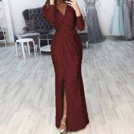 

Women Deep V Neck Sequin Dress with Slit Long Sleeve Club Party Evening Dress For Women Lady New