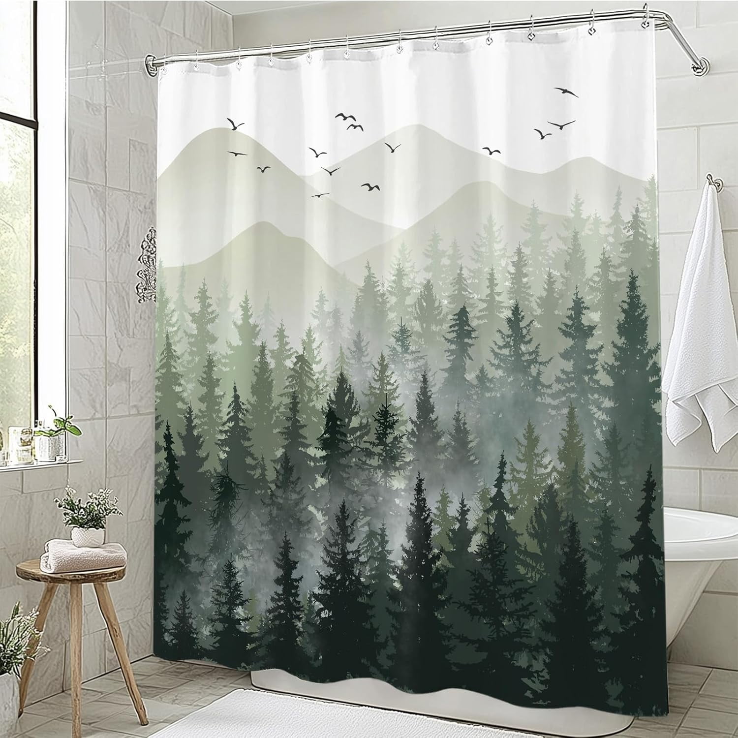 Green Misty Forest Shower Curtain Ombre Sage Green White Mountain Pine Tree Waterproof Fabric Shower Curtains for Bathroom Nature Woodland Decorative Modern Bath Curtain Decor 72×72 Inches