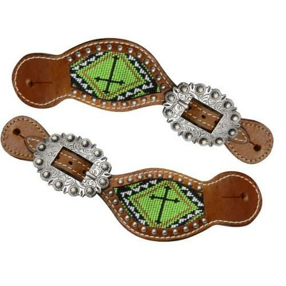 Showman Ladies Size Leather Spur Straps w/ Beaded Cross Inlay (Lime)