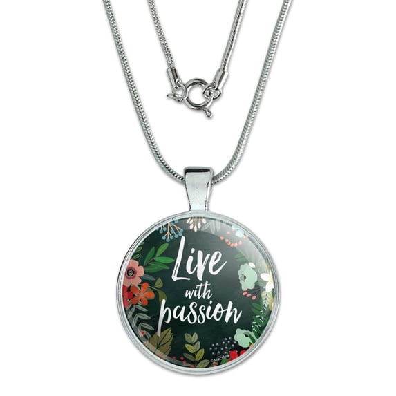 Live with Passion Floral Inspirational 1" Pendant with Sterling Silver Plated Chain