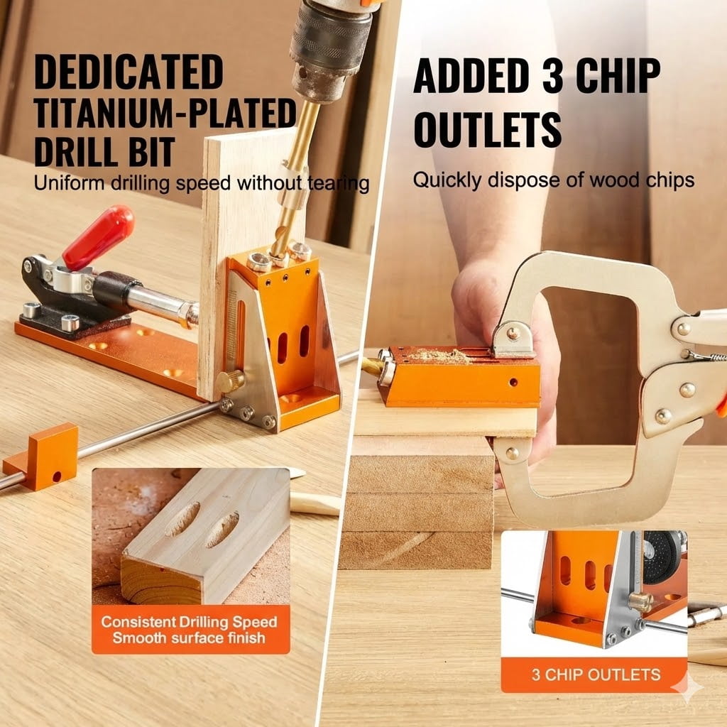 Pocket Hole Jig Kit, 34 Pcs Pocket Hole Jig System with 11" C-clamp,  Fixture, Step Drills, Wrenches, Drill Stop Rings, Square Drive Bits, Toolbox, Adjustable, for DIY Carpentry Projects
