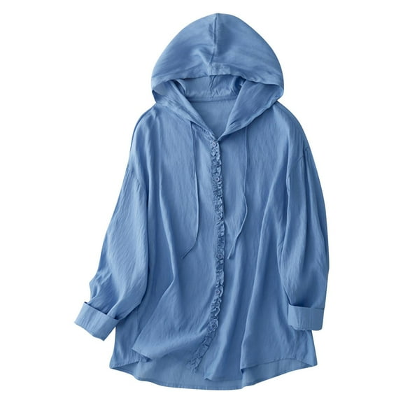 Bovxnpu Women's Long Sleeve Sun Protection Shirts, Lightweight Womens Activewear Breathable Sunscreen Hoodie Workout Tops, Women's Button Down Drawstring Hooded Casual Outwear M