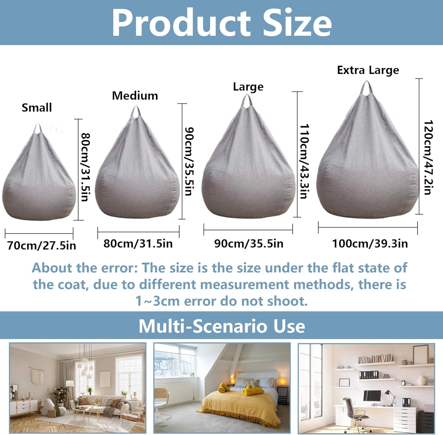 Bean Bag Chair Cover:(No Filler) Stuffed Animal Storage Bean Bag Covers,Soft Cotton Linen Beanbag Chair Cover,Washable Bean Bag Chairs for Kids Adults (Dark Blue, S:27-32inch)