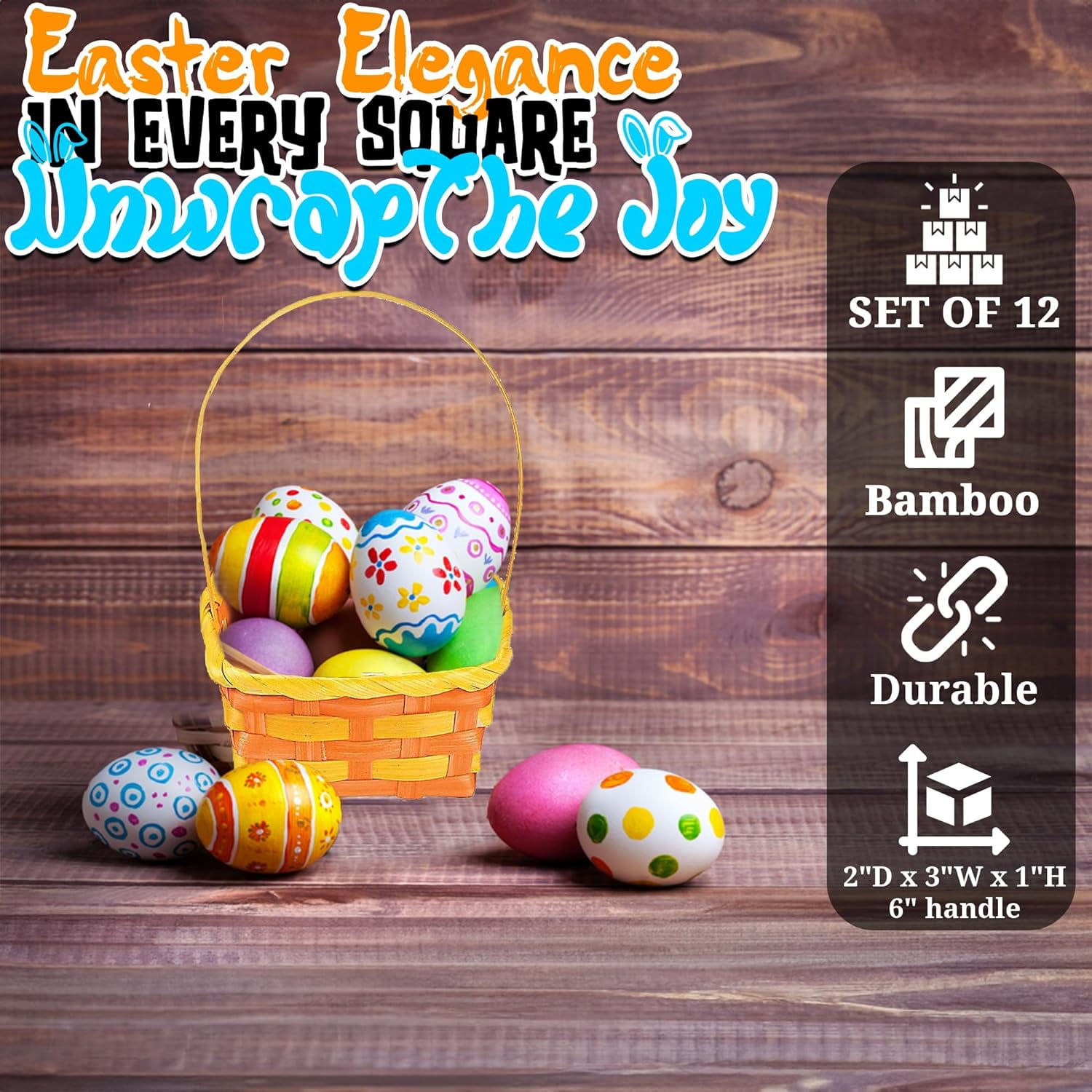 Fun Express Handles Wood Decorative Basket, Multicolor Easter (12 Pack)