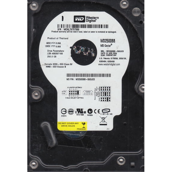 WD2500BB-55GUC0, DCM DSBHNTJAH, Western Digital 250GB IDE 3.5 Hard Drive