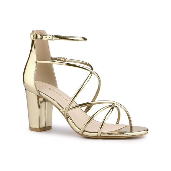 BLISSFUL STEP Women's Strappy Crisscross Strap Block Heels Sandals Gold 10