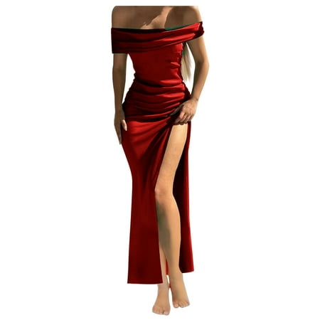 Efsteb Trendy Prom Dresses for Women Formal Short Sleeve Dress Cocktail Party Solid Color Dress Elegant One Shoulder Side Slit Dresses Stretch Slim Bag Hip Long Dress Clearance Red XXL