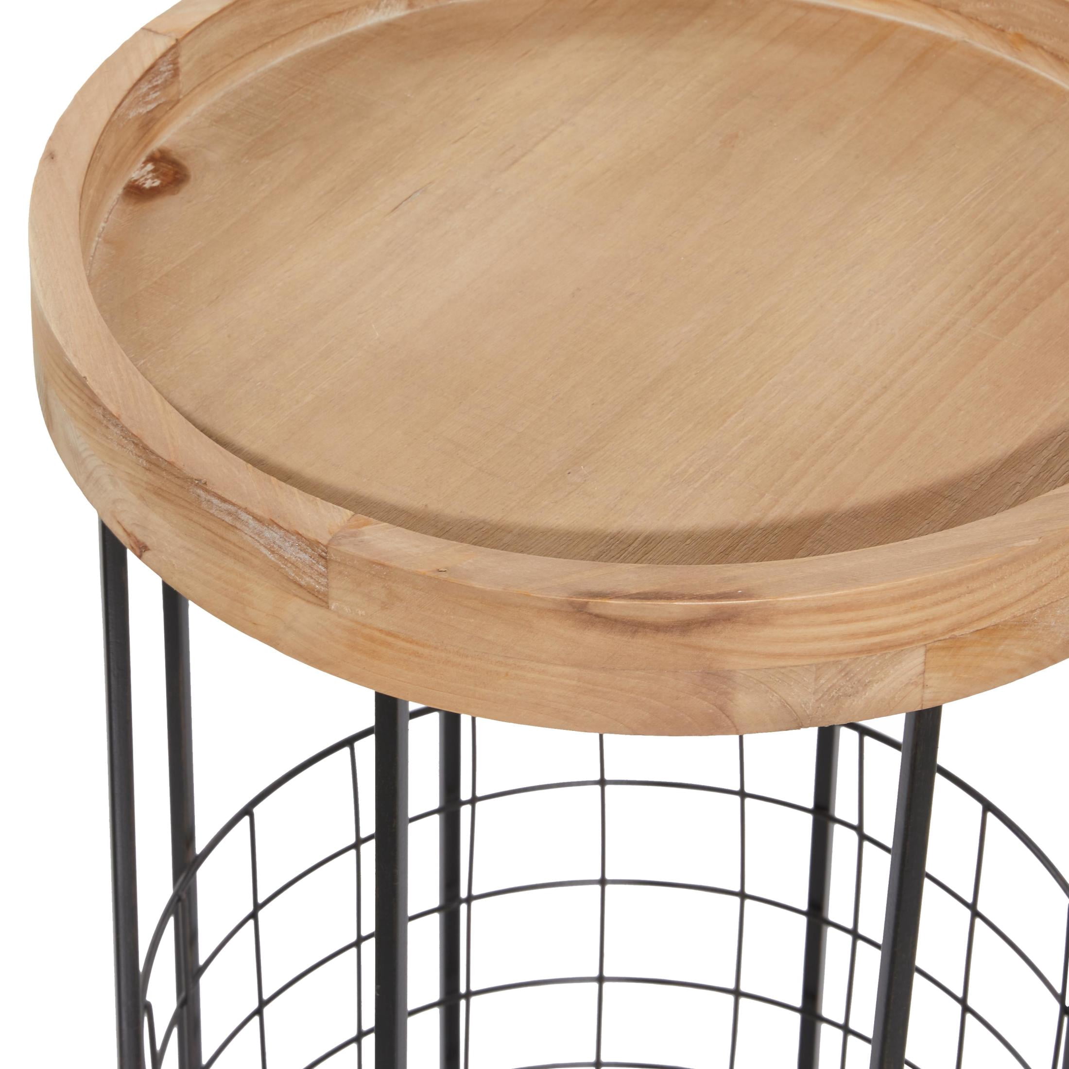 DecMode 16" x 26" Black Metal Wire Basket Storage Accent Table with Brown Wood Top, 1-Piece