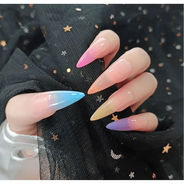 24 Uds uñas postizas francés Extra largo Stiletto puntiagudo prensa en las uñas, uñas postizas de ataúd largo cubierta completa acrílico prensa en las uñas