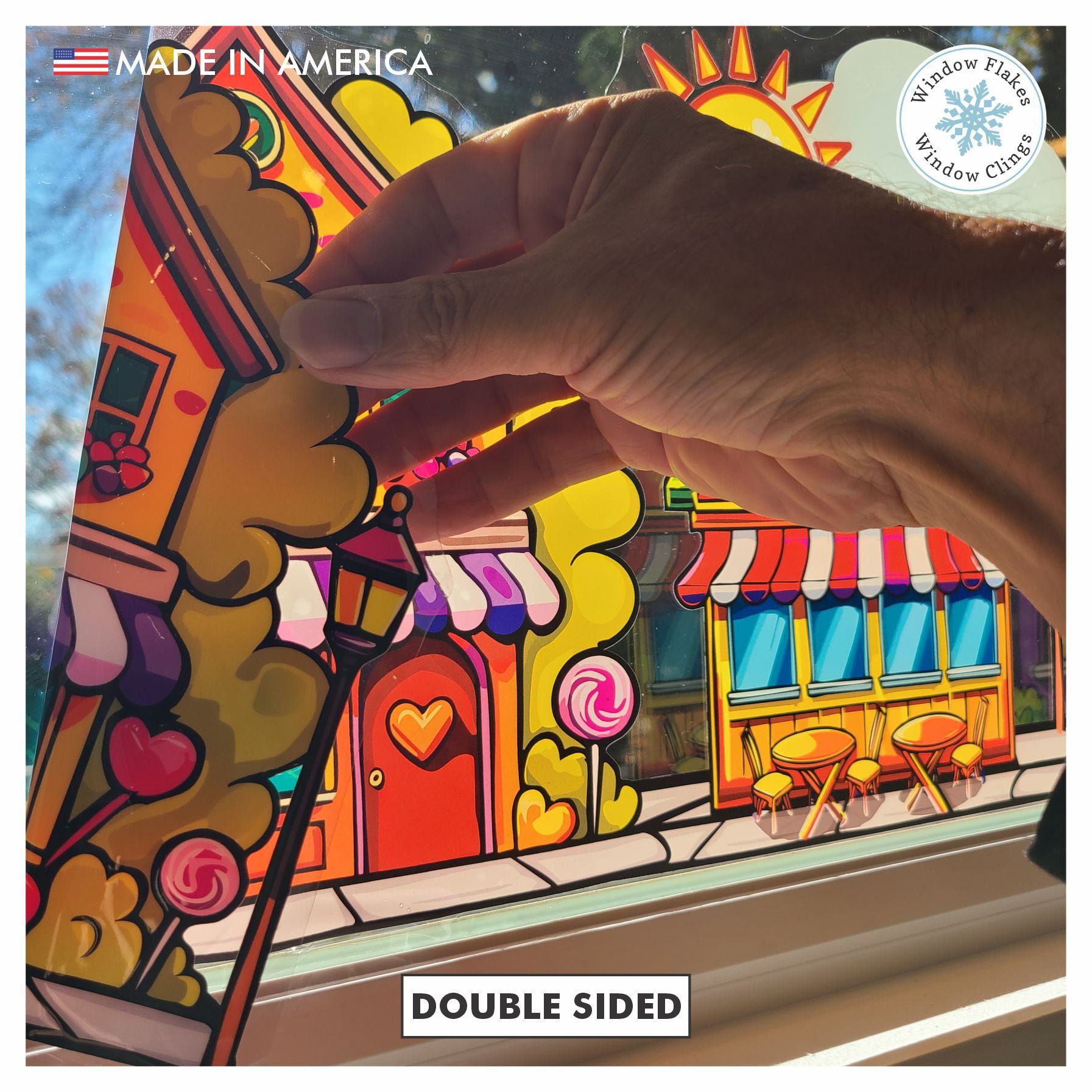 46" Valentine Street Scene Border Window Cling Decal. Part of the Rainbow Colors Candyland Bubblegum Collection. Made in America.
