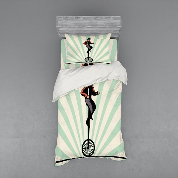 Retro Duvet Cover Set, Vintage Inspired Circus Man on Monowheel Bike with Sun Rays, Bedding Set with Shams and Fitted Sheet, 3 Sizes, by Ambesonne