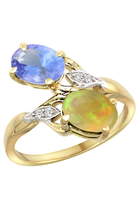 14k Yellow Gold Diamond Natural Tanzanite & Ethiopian HQ Opal 2-stone Ring Oval 8x6mm, size 10