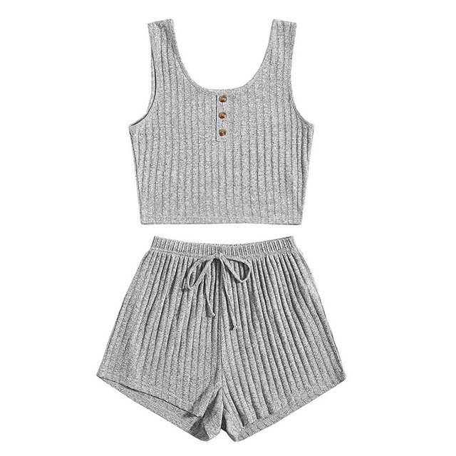 cfhntfmh Women 2 Piece Ribbed Pajama Set Sleeveless Crop Cami Tops and Shorts Lounge Sleepwear Pj Set