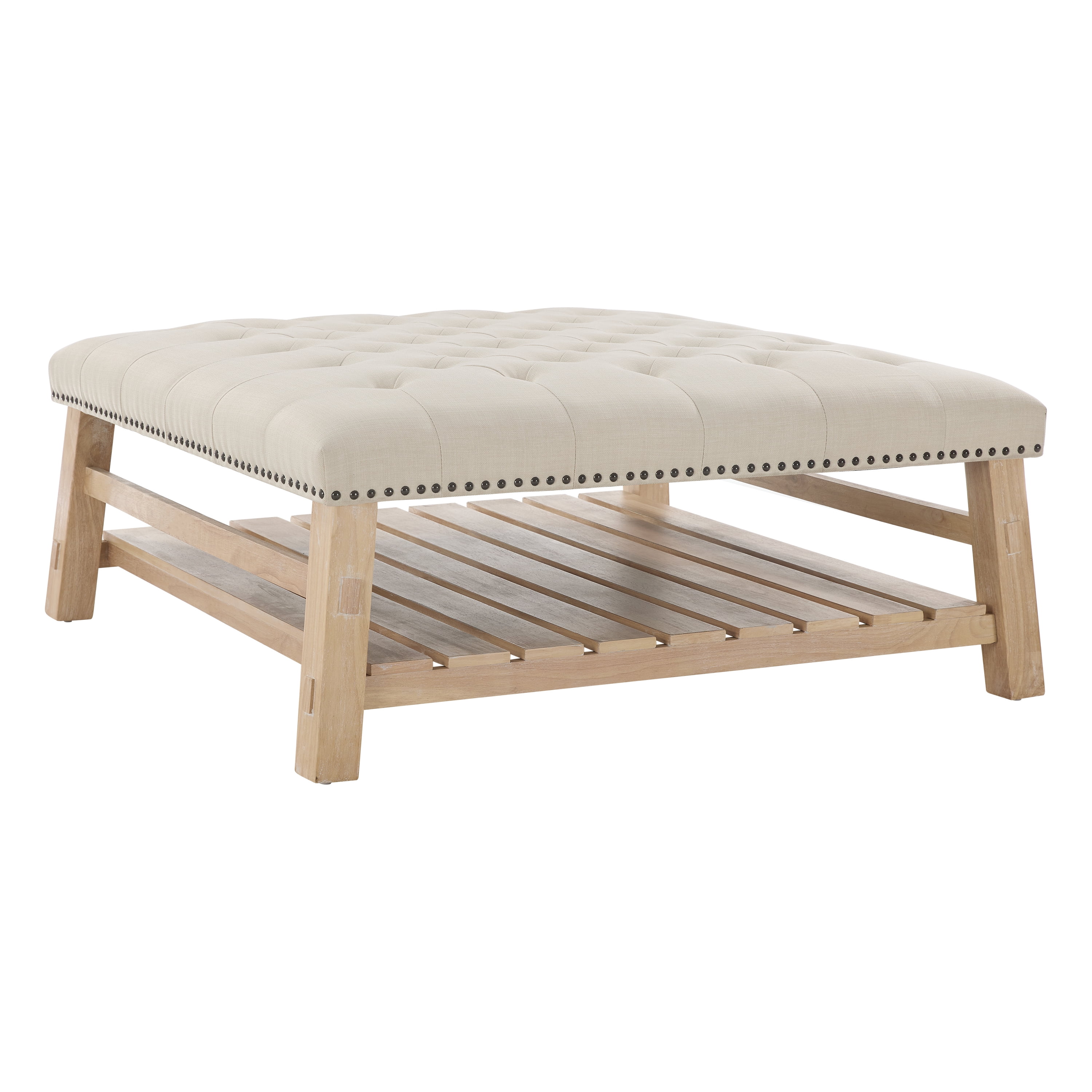 Euroco Large Square Ottoman Coffee Table,Linen Upholstered Footrest Ottoman with Shelf Storage,Nailhead Trim & Solid Wood Legs for Bedroom Living Room,Beige