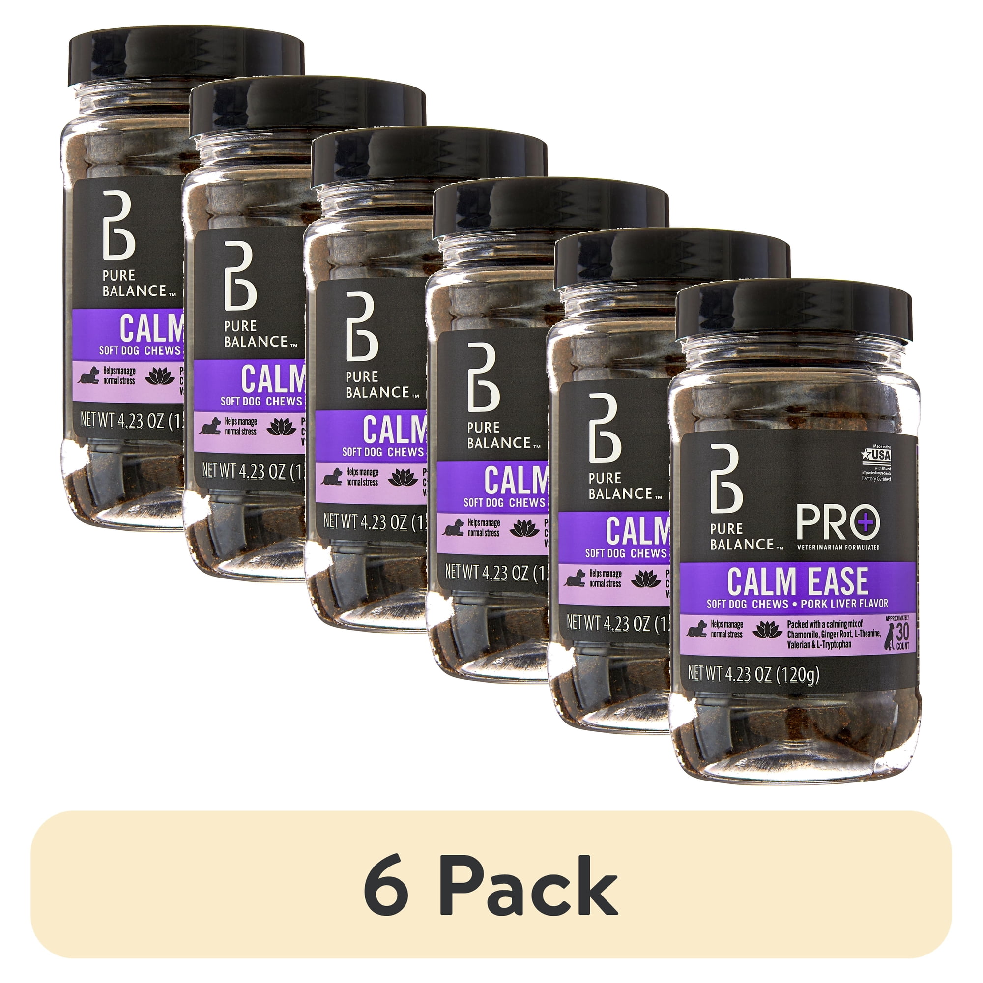 (6 pack) Pure Balance Pro+ Calm Ease for Dogs, Calming Supplement, Pork Liver Flavor, 30 Count Soft Chews