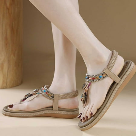 YYYTop Black Sandals Women  Walking Shoes Women Women s Summer New Floral Comfort Elastic Casual Seaside Beach Flat Sandals Open Toe Heels for Women Summer Savings