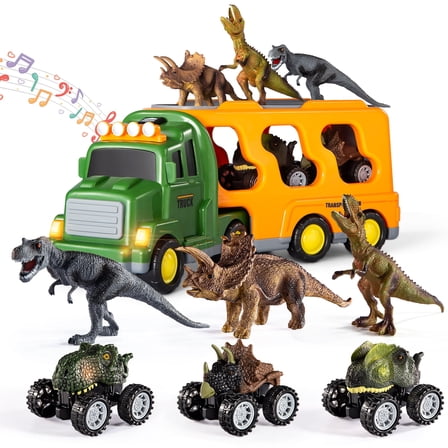 Lucky Doug Dinosaur Car Toys for Toddlers Ages 3-6 Years Old Boys, Dinosaur Transport Truck Toys with Light Sound, 3 4 5 6 Years Old Kids Boys Gifts