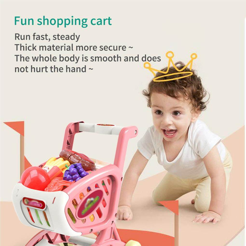 Shopping Cart Supermarket Trolley Push Car Girls Accessories Kindergarten Smooth Surface Toys Cutting Food Fruit Pretend Play Kids Toy Shopping Basket