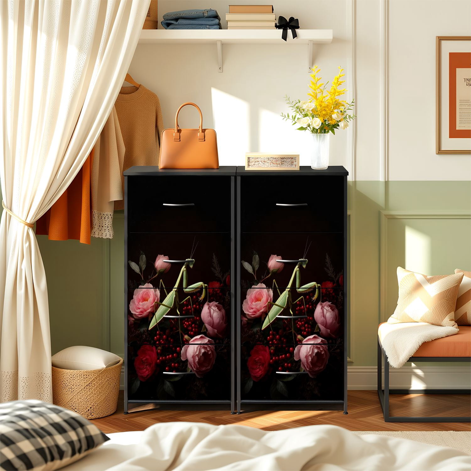 Gothic Dresser for Bedroom with 4 Storage Drawers Mantis Pink Peony Flowers Dark Floral wildlife Dressers Chest of Drawers Steel Framed Fabric Closet Organizers for Dorm Entryway