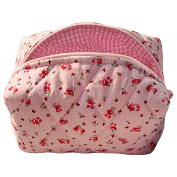 Yucurem Cute Floral Makeup Bag Large Quilted Cosmetic Bag Toiletry Bag For Women (Pink) Portable cosmetic bag (Pink)