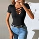 thumbnail image 2 of Blusa de punto sencilla y elegante de color liso con detalle cruzado, corte ajustado para fiestas, color negro, talla L Blusa de manga corta con cuello en V para mujer, 2 of 6