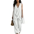 thumbnail image 6 of Two Piece Sets for Women Cotton Linen Vacation Travel Outfits Solid Color Sleeveless Stand Up Collar Temperament Topss and Loose Pants Set Summer Casual Fashion Outfits, 6 of 7