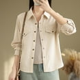 thumbnail image 5 of Long Sleeve Corduroy Shirts Women Lapel Collar Shackets Button Down Shirt Blouses Solid Color Fall Casual Outwear (2XL, Beige), 5 of 5