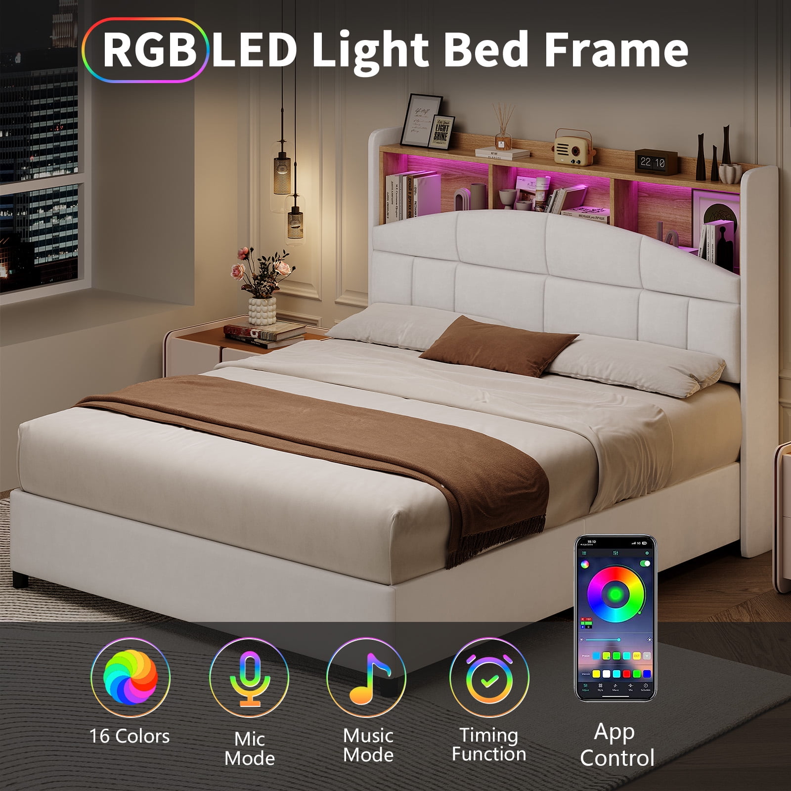 4 EVER WINNER Queen Bed Frame with Storage Headboard, Velvet Upholstered Platform Bed Frame with LED Light, White