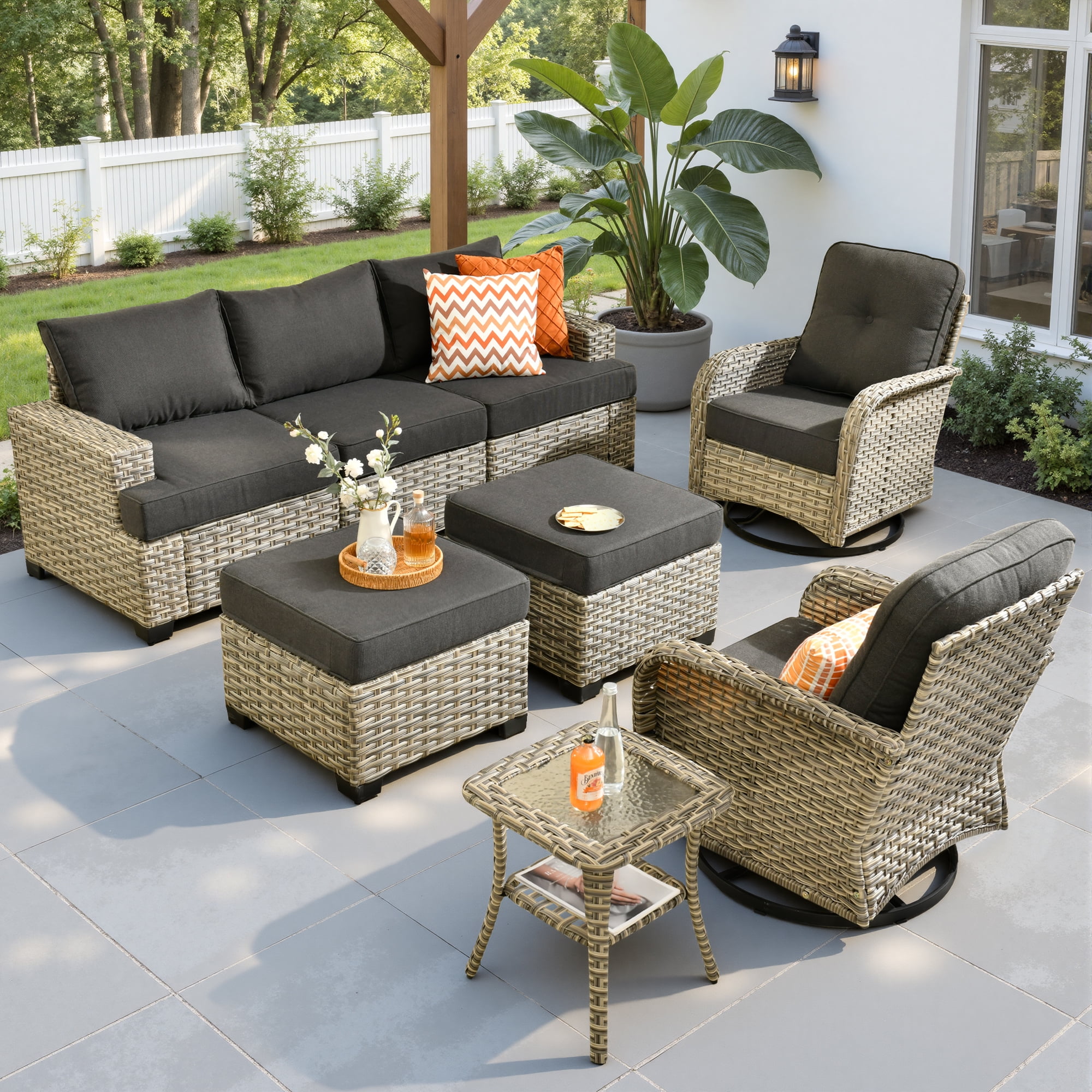 Ovios 8 Pieces Outdoor Patio Sectional Furniture All-Weather Rattan Wicker Conversation with Swivel Glider Rocking Chair Patio Sofa Outdoor Chairs for Backyard Balcony