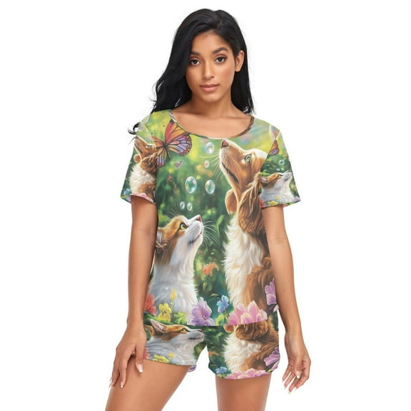 Women Pajama Sets Short Sleeve Sweatshirts Cat and Dog with Butterflies Casual Tops and Shorts