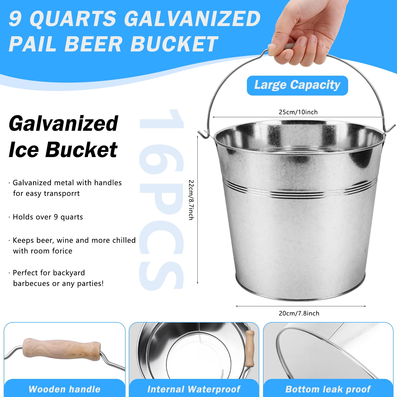 16 Pcs Large Metal Bucket Beer Bucket Galvanized Steel Pail with Handle for Plants, Succulents, Party Favors Organizing Home Parties Bar Cooling Supplies (9.84 x 8.66 x 7.87 Inch,Silver)