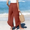 thumbnail image 4 of ZHYou No Boundarie Linen Pants for Women Flared Wide Leg Ruffle Summer Casual Lightweight Smocked High Waist Baggy Pull On Trousers Wine Size M, 4 of 5
