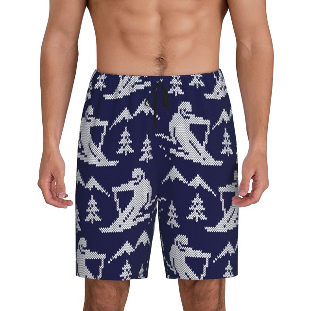 Balery Abstract Skiing Pantalones cortos de pijama de punto de algodón para hombre con cinturilla y bolsillos-Small