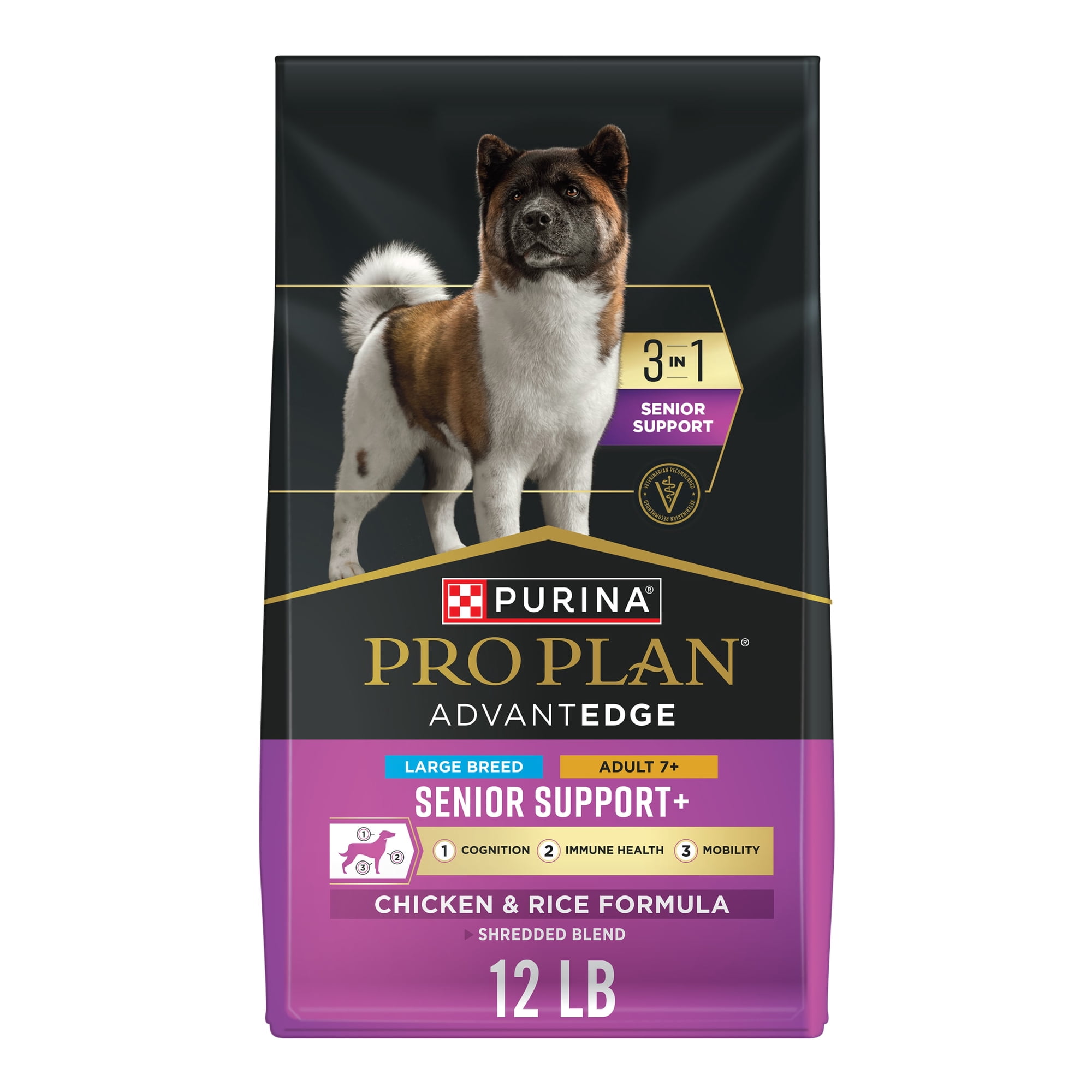 Purina Pro Plan AdvantEDGE Large Breed Senior Support Plus Chicken and Rice Formula Shredded Blend Dry Dog Food for Senior Dogs, 12 lb Bag